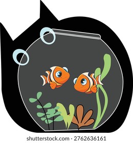 Creative Aquarium in cat Head Silhouette with Cute Clownfish fish tank clownfish nemo fish underwater world sea life ocean illustration fish cartoon cute fish marine life aquarium design