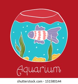 Creative aquarium with a small fish. Vector illustration. 