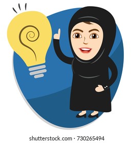 Creative Arab Girl or Woman thinking about an Idea. Excited about some Plan. Figured out a solution to some Problem. Light Bulb over Head.