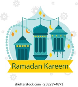 Creative Arabic Islamic Calligraphy of text Ramadan Kareem in crescent moon shape with lamp for Holy Month of Muslim Community Festival celebration