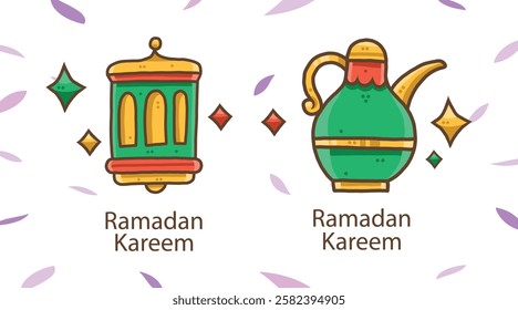 Creative Arabic Islamic Calligraphy of text Ramadan Kareem in crescent moon shape with lamp for Holy Month of Muslim Community Festival celebration