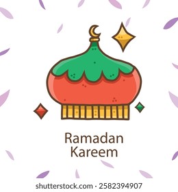Creative Arabic Islamic Calligraphy of text Ramadan Kareem in crescent moon shape with lamp for Holy Month of Muslim Community Festival celebration