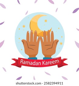 Creative Arabic Islamic Calligraphy of text Ramadan Kareem in crescent moon shape with lamp for Holy Month of Muslim Community Festival celebration