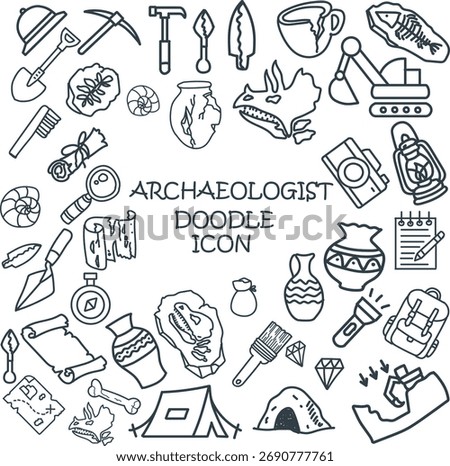 Creative archaeologist doodle icon set featuring fossils, pottery, tools, bones, and excavation symbols. Perfect for education, history projects, museum posters, and adventure-themed designs.