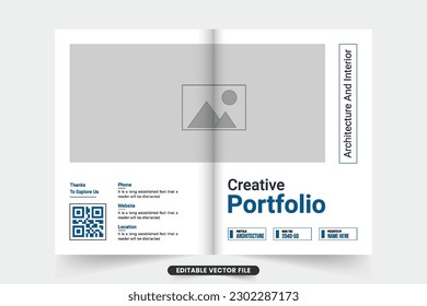 Creative architecture portfolio cover template vector with photo placeholders. Modern architect service promotional booklet cover design. Real estate service magazine cover template vector.