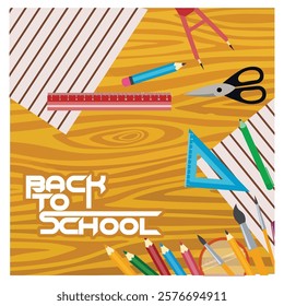 Creative arrangement of school supplies on a wooden desk, featuring pencils, a ruler, and scissors.  Flat vector modern illustration 