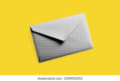 A creative arrangement showcases a halftone design of a white envelope resting against a bold yellow backdrop, blending simplicity and artistic flair in a captivating visual composition.