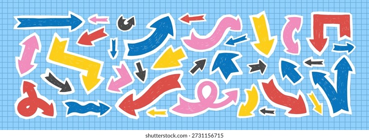 Creative arrow collection with hand-sketched charm and playful marker styles. Set for vintage collage. Vector illustration.