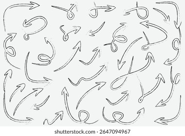 Ilustrações de seta criativas com linhas curvas variadas e esboços em negrito, misturando movimento abstrato com forma expressiva — perfeito para uso na web, editorial, infográfico ou artístico.