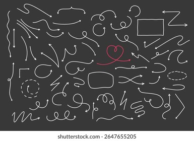Creative arrows of hand-drawn doodle sets on a dark background for design projects and direction concepts