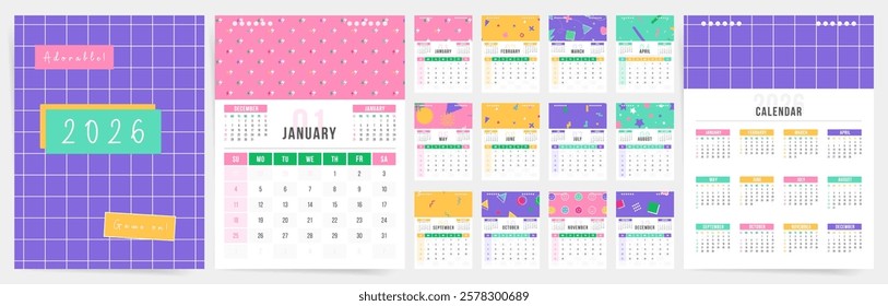 Creative Art 2026 Calendar Template Modern Sunday Start Office Layout. Perfect for Children Study.