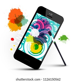 Creative Art Application on Mobile Phone with Brush and Colorfur Blots - Splashes