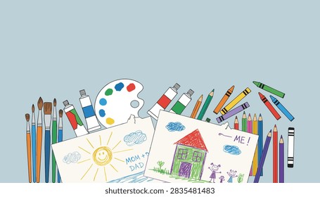 Creative art background showing children's drawings, paint tubes, color brushes, and crayons on a blue desk.