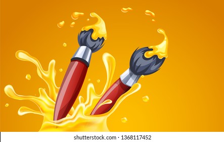 Creative Art banner. Brushes for drawing with paint, splash with spray and drops. Isolated on yellow background. Eps10 vector illustration.