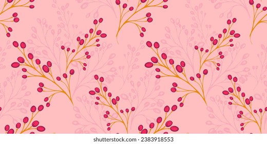 Creative art branches with berries seamless pattern. The trendy abstract elegance pink print. Vector hand drawn print sketch . Template for design, textile, fashion, surface design, fabric