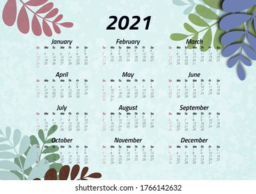 Creative art calendar 2021, 12 months. Bright branch with leaves design, flyer, brochure, advertisement. Vector illustration