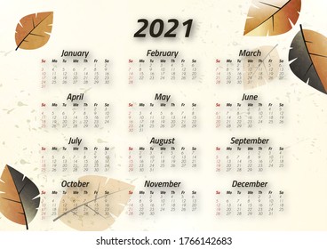 Creative art calendar 2021, 12 months. Bright leaf design, flyer, brochure, advertisement. Vector illustration