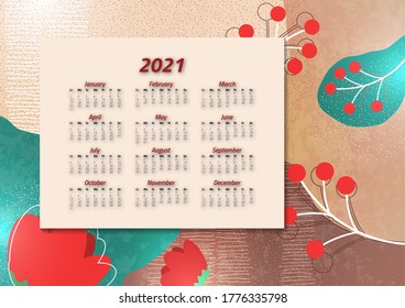 Creative art calendar 2021, 12 months. Bright design, flyer, brochure, advertisement. Vector illustration