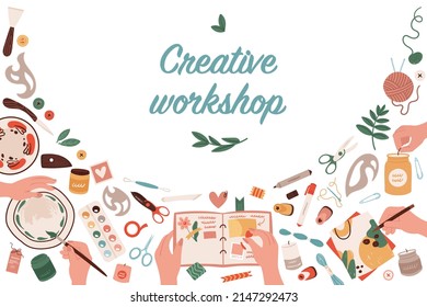 Creative art class and craft hobby workshop banner vector illustration. Cartoon hands painting with brush and pencil, holding scrapbook with diy tools and supplies poster background. craftwork concept