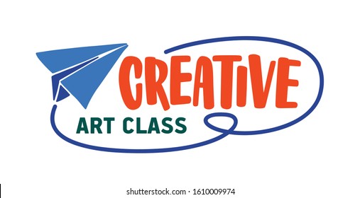 Creative art class flat vector logotype. Talented kids studio logo isolated on white background. Paper plane with inscription. Drawing lessons, early development center emblem design.