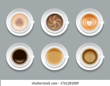 Creative art coffee set. Cream latte and black hot coffee, espresso and cappuccino with foam heart barista compositions, top view on realistic cups on gray background