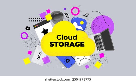 Creative art collage. Cloud service with big database. Storage or archive. Vector illustration