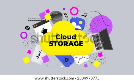 Creative art collage. Cloud service with big database. Storage or archive. Vector illustration