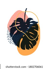 Creative art composition with natural simple hand painted shapes and exotic leaves, monstera. Modern wall art, decoration, cover, brochure design.