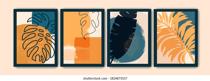 Creative art composition with natural simple hand painted shapes and exotic leaves, monstera. Modern abstract wall art, decoration, cover, brochure design.