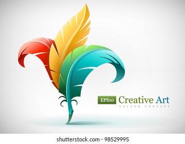 creative art concept with color red yellow and blue feathers. Vector illustration EPS10. Transparent objects used for shadows and lights drawing.