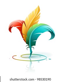 creative art concept with color red yellow and blue feathers. Vector illustration isolated on white background EPS10. Transparent objects used for shadows and lights drawing.