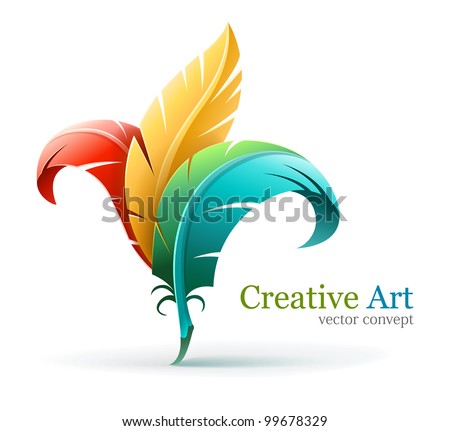 creative art concept with color red yellow and blue feathers. Vector illustration isolated on white background EPS10. Transparent objects used for shadows and lights drawing.