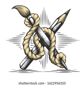 Creative Art concept. Heraldic emblem of pencil, brush artist drawing tools binded with rope on star of strokes. Symbol graphics art design. Hand drawn isolated on white. Vector illustration.