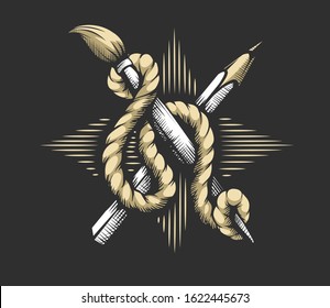 Concepto de arte creativo. Emblema heráldico de lápiz, herramientas de dibujo de pincel de artista enlazadas con cuerda sobre estrella de golpes. Gráficos de símbolos, diseño de arte. Dibujado a mano. Ilustración vectorial.