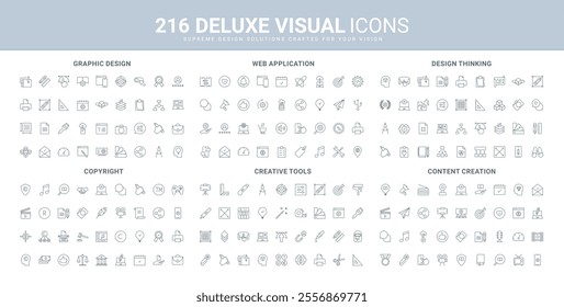 Creative art content creation, designer tools, web application development line icon set. Intellectual property copyright, trademark registration thin black outline symbols vector illustration