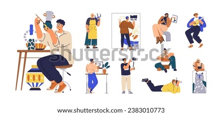 Creative art and craft hobbies set. Music, photography, painting, pottery and ceramics. Modern artist, designer, ceramist, musician, photographer. Flat vector illustration isolated on white background Stock foto © 