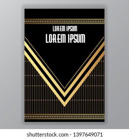 Creative art deco page, golden chains and squares with rectangle template for text. Geometric background, elegant Arabic style for print and web.
