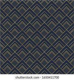 Creative art deco pattern. Golden contoured square ornaments. Dark blue background. Diamond elements texture. Tracery wallpaper. Simple linear, outlined geometric motif. Textile luxury elegant print