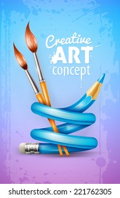 Creative art design concept with twisted pencil and brushes tools for drawing over grunge dirty pattern texture. Eps10 vector illustration. Gradient mesh used.