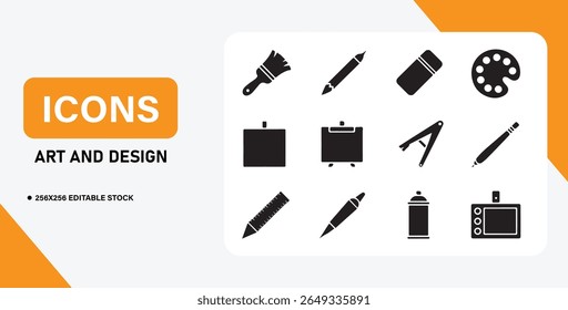 Creative Art and Design Icon Set Featuring Tools and Stationery Elements
