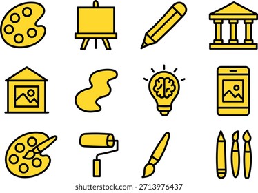 Creative Art and Design Line Icons Set with Painting Tools, Museum, Mobile Gallery and Inspiration Concept