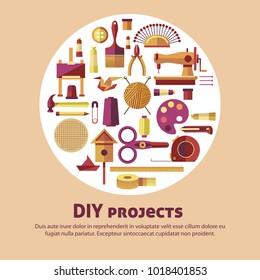 Creative art of DIY projects vector poster for kid handicraft or handmade craft workshop classes