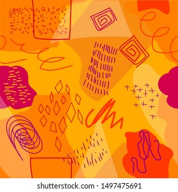 Creative art doodle abstraction with various shapes and textures. Collage. a painting consisting of stained canvases, circles of sticks and sperales. hand made drawing.