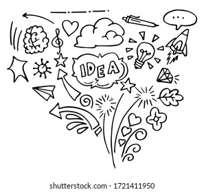 creative art doodles hand drawn design illustration, idea, brain, diamond, arrows, etc.