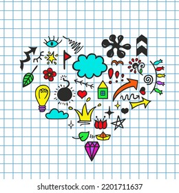Creative Art doodles handgezeichnete Design Illustration. Farbige Herzform. Gitterblatt.
