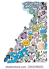 Creative art doodles hand drawn Design illustration with text happy,start,love.