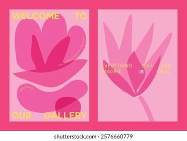 Creative art gallery template poster, vector set. Abstract pink and red botanical vector designs. Floral patterns with leaves and flowers. Modern art with pink tones. Creative floral and botanical art