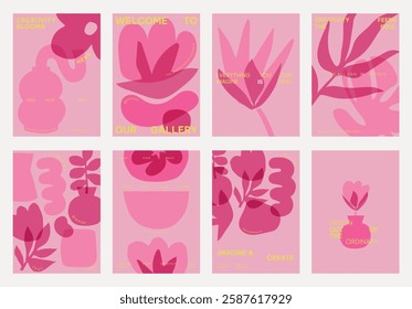 Creative art gallery template poster, vector set. Abstract pink and red botanical vector designs. Floral patterns with leaves and flowers. Modern art with pink tones. Creative floral and botanical art