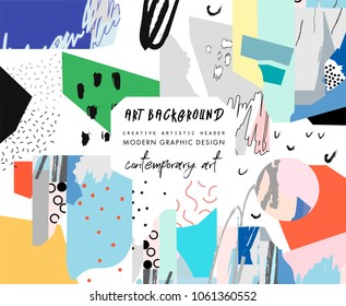 Creative art header with different shapes and textures. Artistic background. Modern graphic design. Collage. Vector