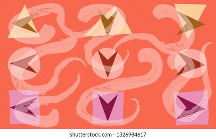 Creative art header with different shapes and textures. Coral color. Hand Drawn textures. Trendy Graphic Design for banner poster card cover, invitation placard brochure or header.